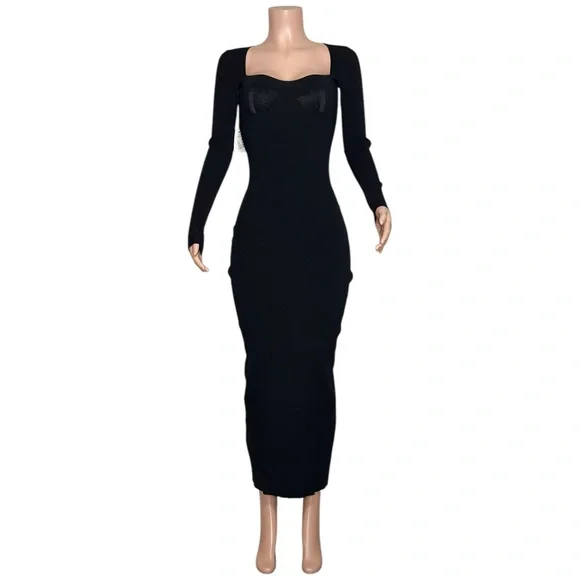 STAUD Silhouette Long Sleeves Ribbed-Knit Maxi Dress, Black, XS